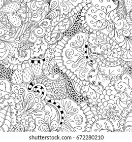 Tracery seamless pattern. Mehndi design. Ethnic monochrome binary doodle texture. Curved doodling black and white background. Vector