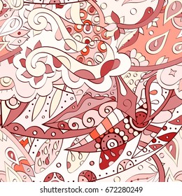 Tracery seamless pattern. Mehndi design. Ethnic colorful doodle texture. Curved doodling background. Vector
