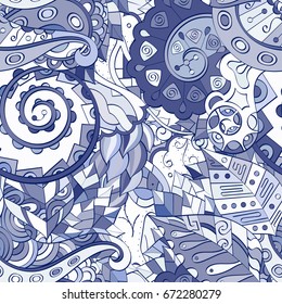 Tracery seamless pattern. Mehndi design. Ethnic colorful doodle texture. Curved doodling background. Vector