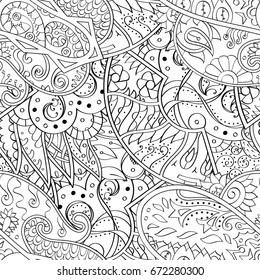 Tracery seamless pattern. Mehndi design. Ethnic monochrome binary doodle texture. Curved doodling black and white background. Vector