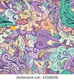 Tracery seamless pattern. Mehndi design. Ethnic colorful doodle texture. Curved doodling background. Vector