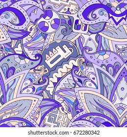 Tracery seamless pattern. Mehndi design. Ethnic colorful doodle texture. Curved doodling background. Vector