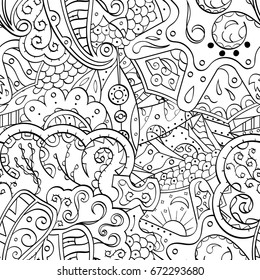 Tracery seamless pattern. Mehndi design. Ethnic monochrome binary doodle texture. Curved doodling black and white background. Vector
