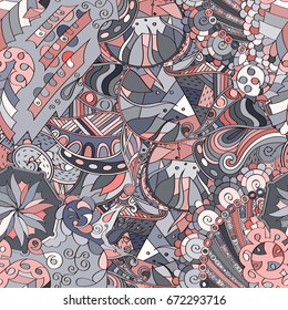 Tracery seamless pattern. Mehndi design. Ethnic colorful doodle texture. Curved doodling background. Vector