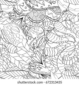 Tracery seamless pattern. Mehndi design. Ethnic monochrome binary doodle texture. Curved doodling black and white background. Vector