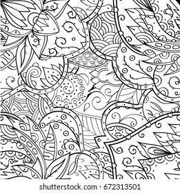 Tracery seamless pattern. Mehndi design. Ethnic monochrome binary doodle texture. Curved doodling black and white background. Vector