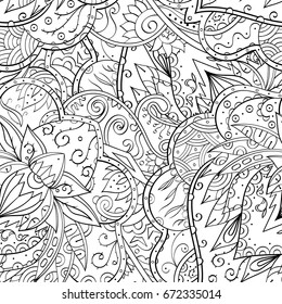 Tracery seamless pattern. Mehndi design. Ethnic monochrome binary doodle texture. Curved doodling black and white background. Vector