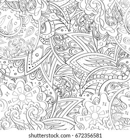 Tracery seamless pattern. Mehndi design. Ethnic monochrome binary doodle texture. Curved doodling black and white background. Vector