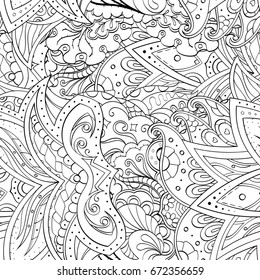 Tracery seamless pattern. Mehndi design. Ethnic monochrome binary doodle texture. Curved doodling black and white background. Vector
