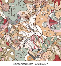 Tracery seamless pattern. Mehndi design. Ethnic colorful doodle texture. Curved doodling background. Vector