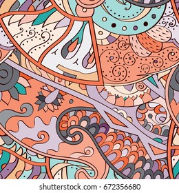 Tracery seamless pattern. Mehndi design. Ethnic colorful doodle texture. Curved doodling background. Vector