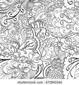 Tracery seamless pattern. Mehndi design. Ethnic monochrome binary doodle texture. Curved doodling black and white background. Vector