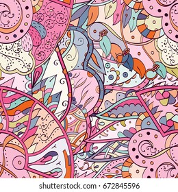 Tracery seamless pattern. Mehndi design. Ethnic colorful doodle texture. Curved doodling background. Vector