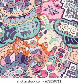 Tracery seamless pattern. Mehndi design. Ethnic colorful doodle texture. Curved doodling background. Vector