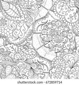 Tracery seamless pattern. Mehndi design. Ethnic monochrome binary doodle texture. Curved doodling black and white background. Vector