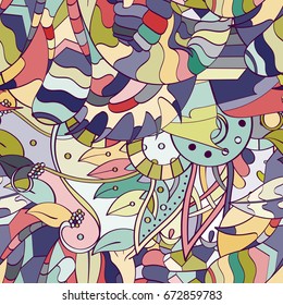 Tracery seamless pattern. Mehndi design. Ethnic colorful doodle texture. Curved doodling background. Vector