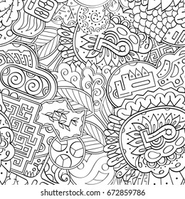 Tracery seamless pattern. Mehndi design. Ethnic monochrome binary doodle texture. Curved doodling black and white background. Vector