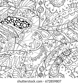 Tracery seamless pattern. Mehndi design. Ethnic monochrome binary doodle texture. Curved doodling black and white background. Vector