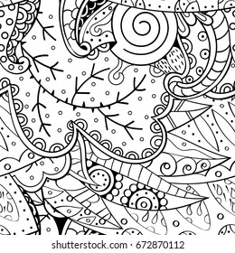 Tracery seamless pattern. Mehndi design. Ethnic monochrome binary doodle texture. Curved doodling black and white background. Vector