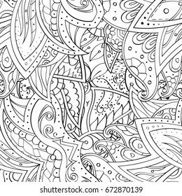 Tracery seamless pattern. Mehndi design. Ethnic monochrome binary doodle texture. Curved doodling black and white background. Vector
