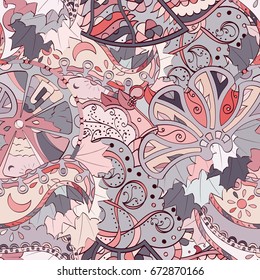 Tracery seamless pattern. Mehndi design. Ethnic colorful doodle texture. Curved doodling background. Vector