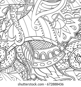 Tracery seamless pattern. Mehndi design. Ethnic monochrome binary doodle texture. Curved doodling black and white background. Vector