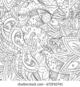 Tracery seamless pattern. Mehndi design. Ethnic monochrome binary doodle texture. Curved doodling black and white background. Vector