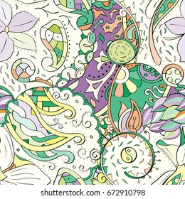 Tracery seamless pattern. Mehndi design. Ethnic colorful doodle texture. Curved doodling background. Vector