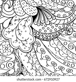 Tracery seamless pattern. Mehndi design. Ethnic monochrome binary doodle texture. Curved doodling black and white background. Vector