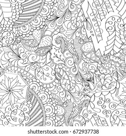 Tracery seamless pattern. Mehndi design. Ethnic monochrome binary doodle texture. Curved doodling black and white background. Vector