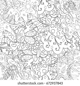 Tracery seamless pattern. Mehndi design. Ethnic monochrome binary doodle texture. Curved doodling black and white background. Vector