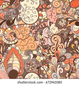 Tracery seamless pattern. Mehndi design. Ethnic colorful doodle texture. Curved doodling background. Vector