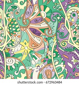 Tracery seamless pattern. Mehndi design. Ethnic colorful doodle texture. Curved doodling background. Vector