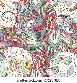 Tracery seamless pattern. Mehndi design. Ethnic colorful doodle texture. Curved doodling background. Vector