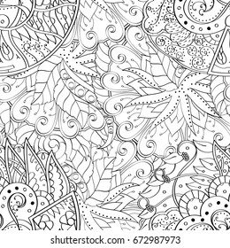 Tracery seamless pattern. Mehndi design. Ethnic monochrome binary doodle texture. Curved doodling black and white background. Vector