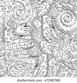 Tracery seamless pattern. Mehndi design. Ethnic monochrome binary doodle texture. Curved doodling black and white background. Vector