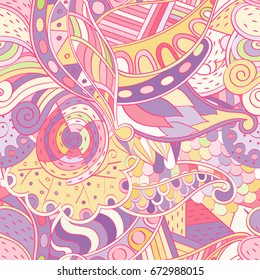 Tracery seamless pattern. Mehndi design. Ethnic colorful doodle texture. Curved doodling background. Vector