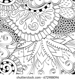 Tracery seamless pattern. Mehndi design. Ethnic monochrome binary doodle texture. Curved doodling black and white background. Vector