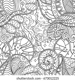 Tracery seamless pattern. Mehndi design. Ethnic monochrome binary doodle texture. Curved doodling black and white background. Vector