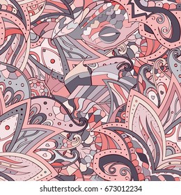 Tracery seamless pattern. Mehndi design. Ethnic colorful doodle texture. Curved doodling background. Vector