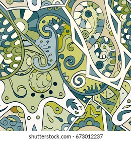 Tracery seamless pattern. Mehndi design. Ethnic colorful doodle texture. Curved doodling background. Vector