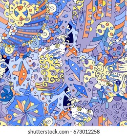Tracery seamless pattern. Mehndi design. Ethnic colorful doodle texture. Curved doodling background. Vector