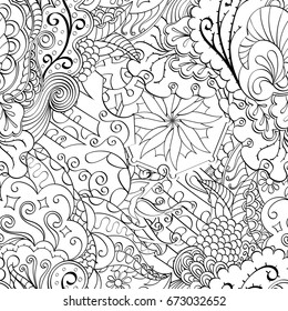 Tracery seamless pattern. Mehndi design. Ethnic monochrome binary doodle texture. Curved doodling black and white background. Vector