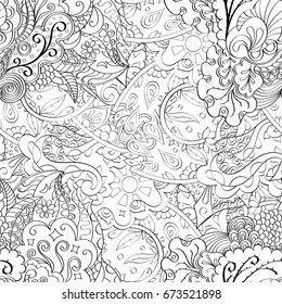 Tracery seamless pattern. Mehndi design. Ethnic monochrome binary doodle texture. Curved doodling black and white background. Vector