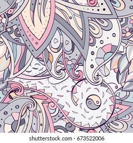Tracery seamless pattern. Mehndi design. Ethnic colorful doodle texture. Curved doodling background. Vector