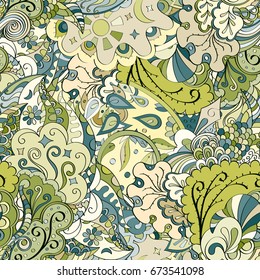 Tracery seamless pattern. Mehndi design. Ethnic colorful doodle texture. Curved doodling background. Vector