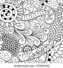 Tracery seamless pattern. Mehndi design. Ethnic monochrome binary doodle texture. Curved doodling black and white background. Vector