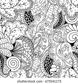 Tracery seamless pattern. Mehndi design. Ethnic monochrome binary doodle texture. Curved doodling black and white background. Vector