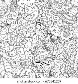 Tracery seamless pattern. Mehndi design. Ethnic monochrome binary doodle texture. Curved doodling black and white background. Vector
