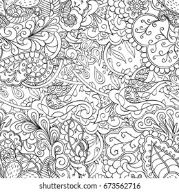 Tracery seamless pattern. Mehndi design. Ethnic monochrome binary doodle texture. Curved doodling black and white background. Vector